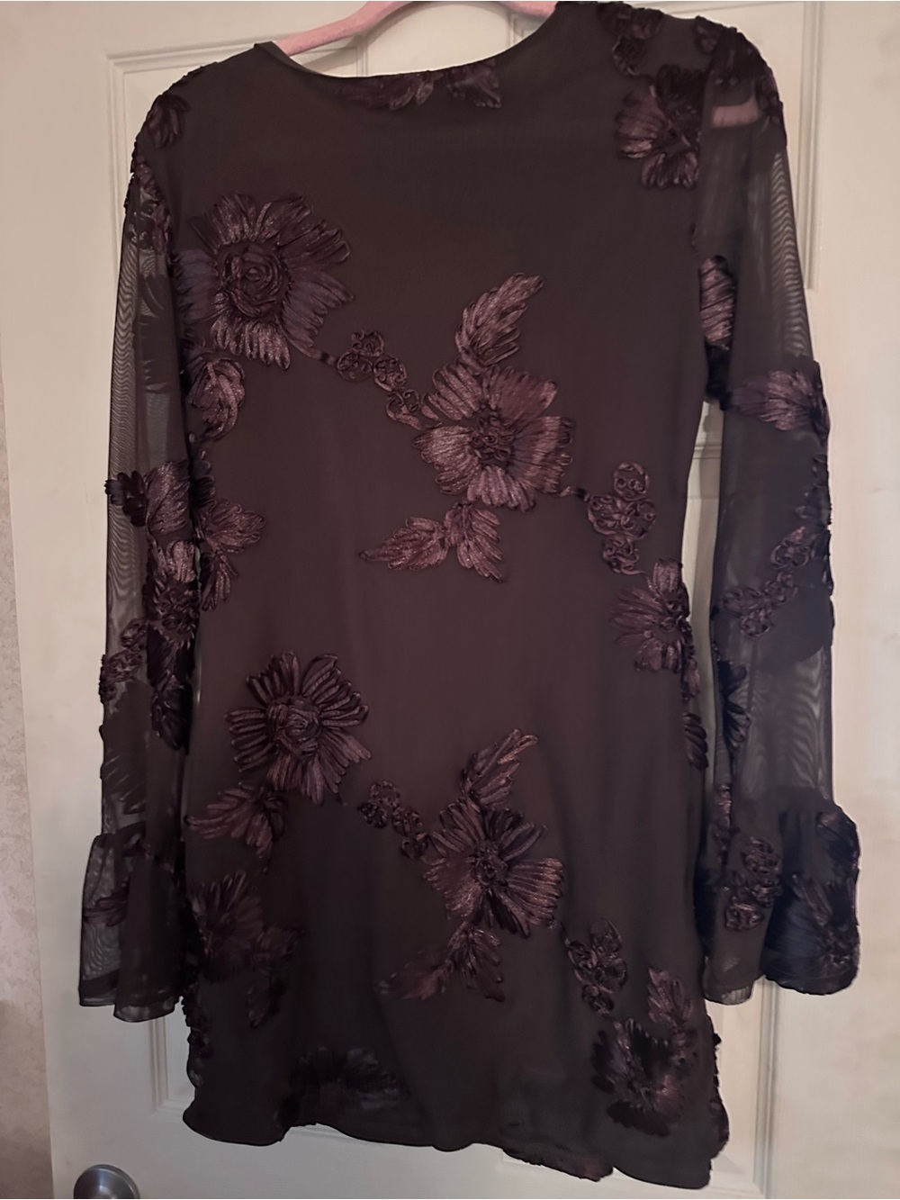 SHEIN Brown Floral Sheer Long-Sleeve Mini Dress